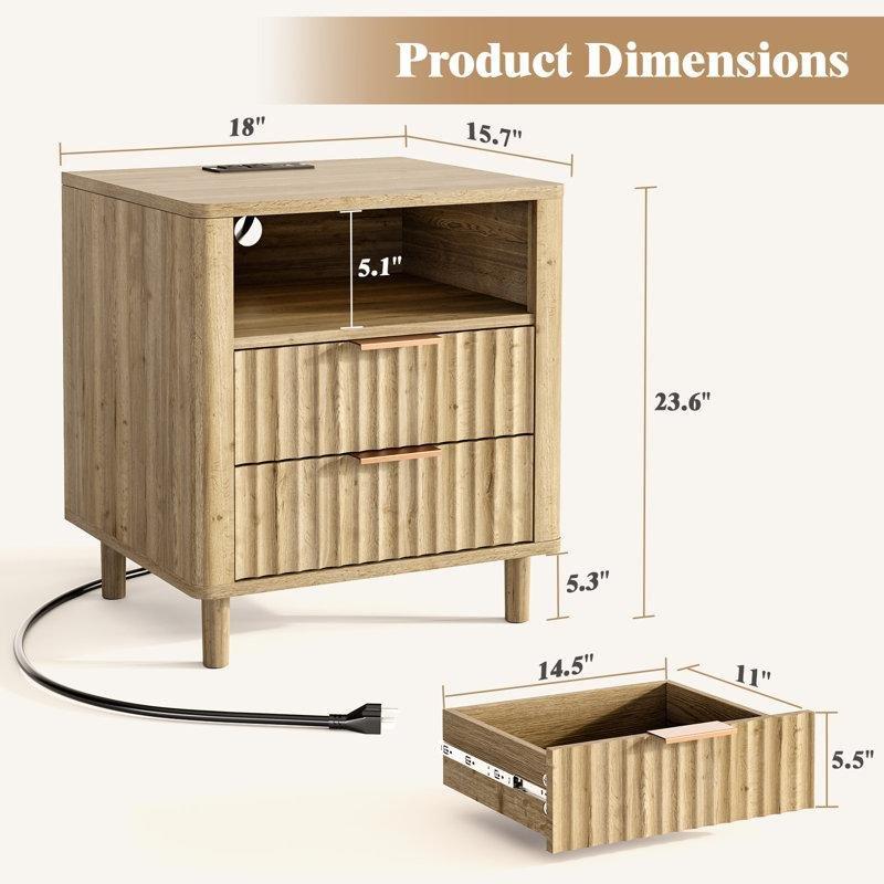 Doğal Ahşap Dokulu MDF LED Işıklı ve Şarj İstasyonlu Yivli İkili Komodin Seti - 40x45x60 cm - 127118