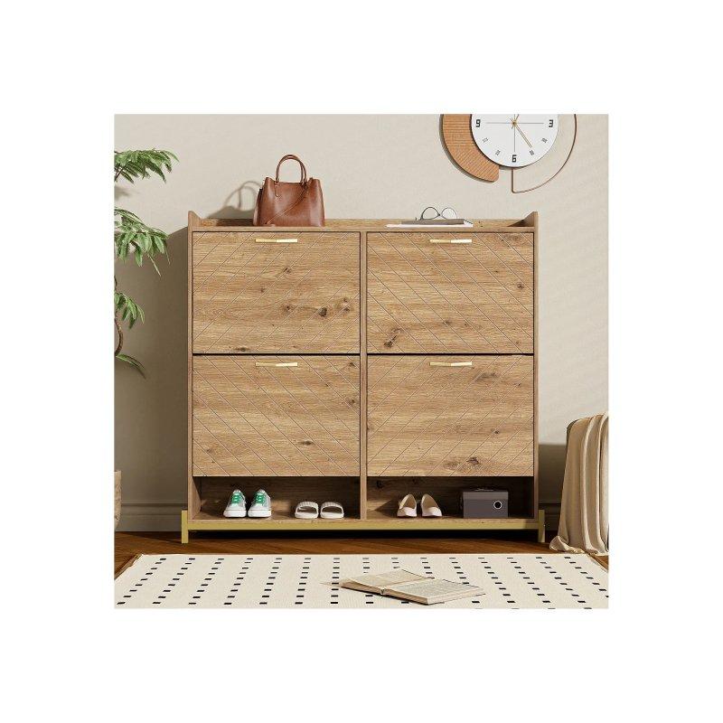 Doğal Ahşap Görünümlü MDF 4 Düşer Kapaklı ve Alt Raflı Ayakkabılık - 109x24x100 cm - 118567