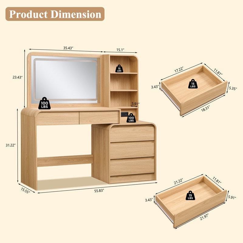 Doğal Ahşap Görünümlü MDF LED Işıklı Aynalı ve Şarj İstasyonlu Makyaj Masası - 142 cm - 121906