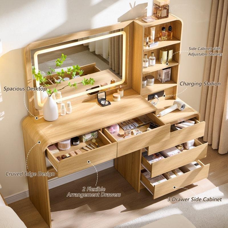 Doğal Ahşap Görünümlü MDF LED Işıklı Aynalı ve Şarj İstasyonlu Makyaj Masası - 142 cm - 121906