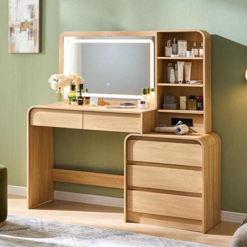 Doğal Ahşap Görünümlü MDF LED Işıklı Aynalı ve Şarj İstasyonlu Makyaj Masası - 142 cm - 121906