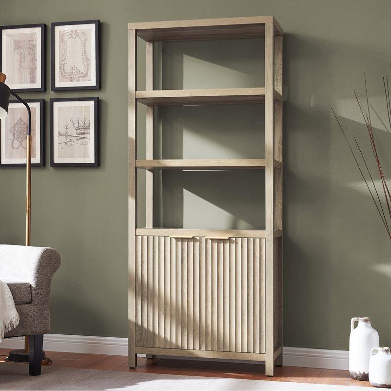 Doğal Ahşap Görünümlü MDF Yivli Kapaklı Dolaplı Kitaplık - 75x40x180 cm - 142048