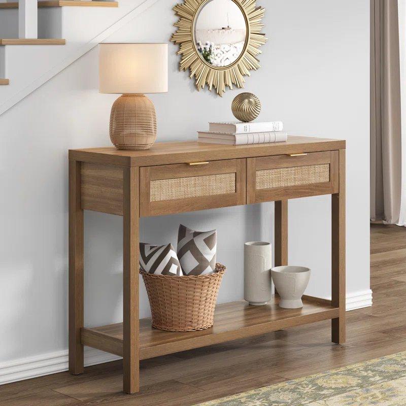 Doğal Ahşap Görünümlü Rattan Detaylı 2 Çekmeceli Raflı Dresuar - 100x36x77 cm - 132852