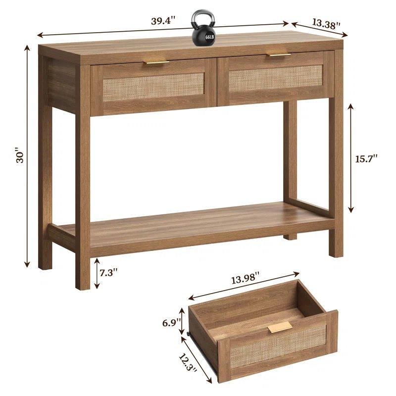Doğal Ahşap Görünümlü Rattan Detaylı 2 Çekmeceli Raflı Dresuar - 100x36x77 cm - 132852