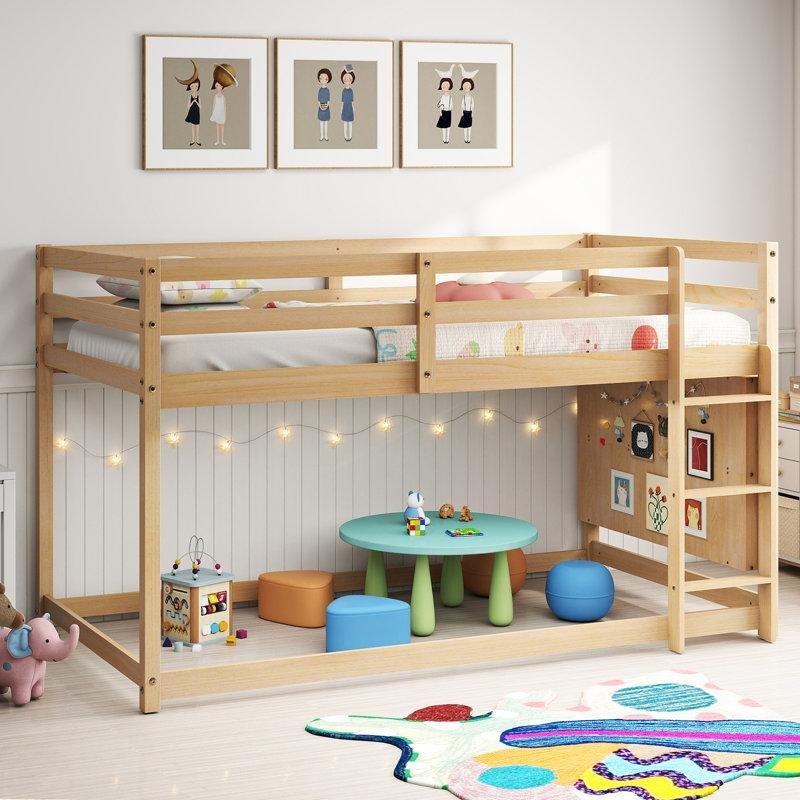 Doğal Ahşap Kitaplıklı ve Merdivenli Montessori Ranza - 112x205 cm - 124671