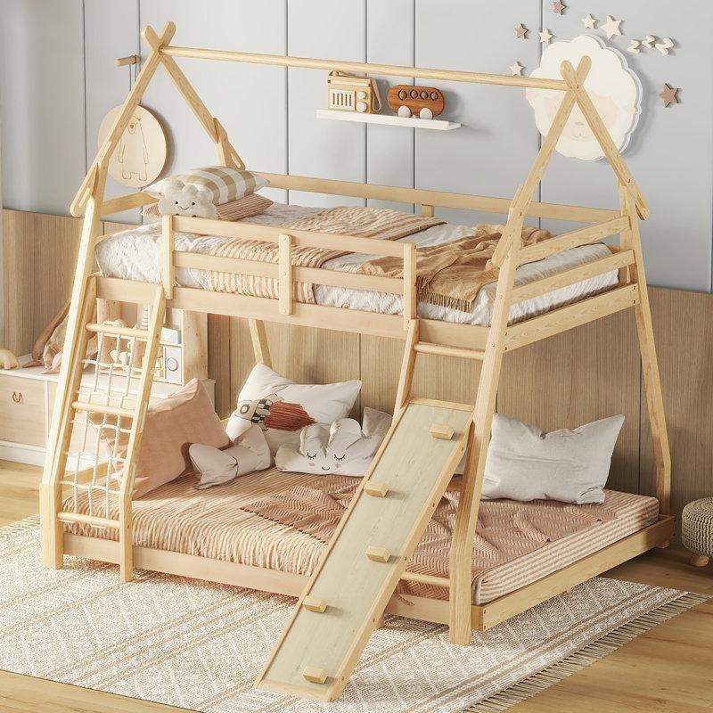 Doğal Ahşap Masif ve MDF Ev Tipi Tırmanma Rampalı Geniş Alt Yataklı Ranza - 209x171 cm - 124551