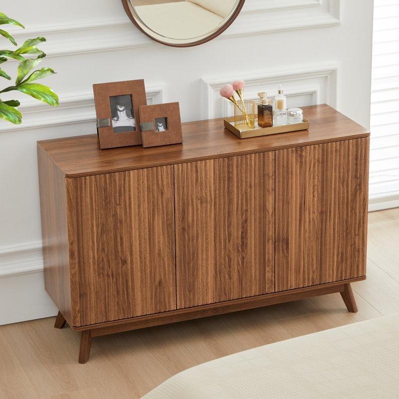 Doğal Ahşap Masif ve MDF Yivli Tasarım 3 Kapaklı Konsol - 120 cm - 128707