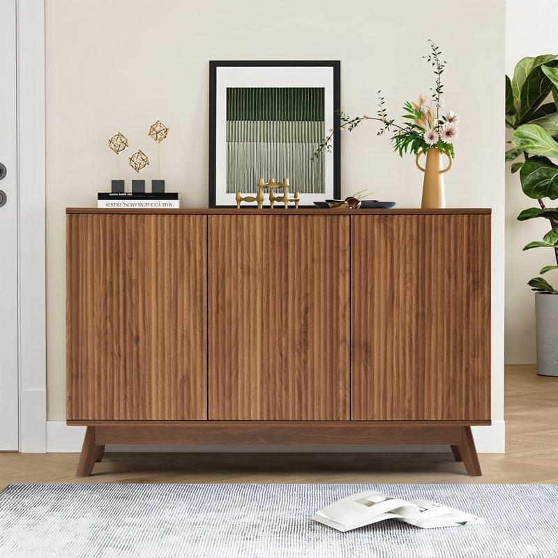 Doğal Ahşap Masif ve MDF Yivli Tasarım 3 Kapaklı Konsol - 120 cm - 128707