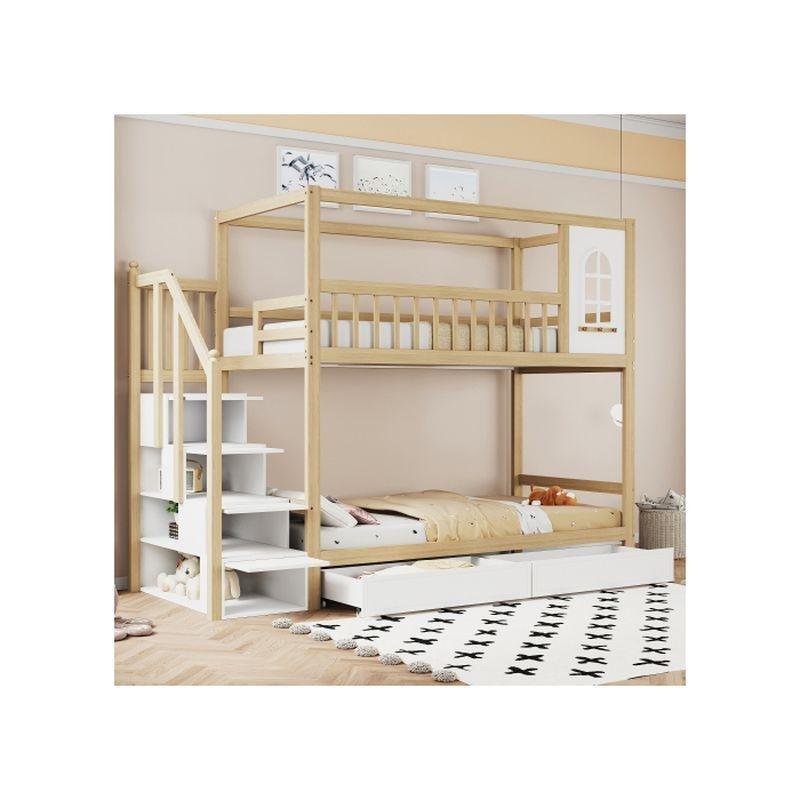 Doğal Ahşap Merdivenli ve Çekmeceli Depolama Alanlı Çocuk Ranza - 90x200 cm - 125440