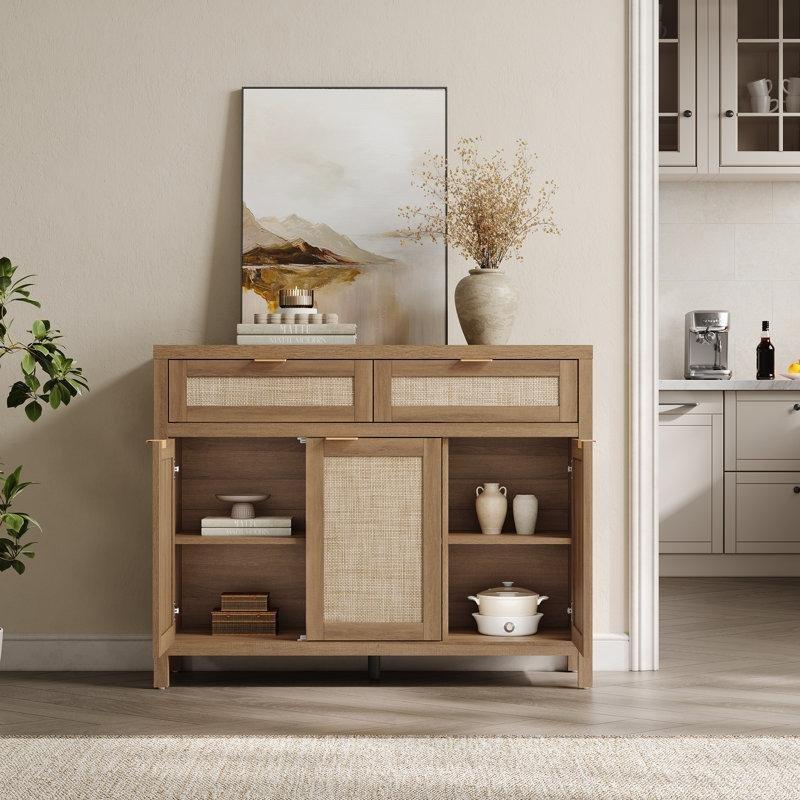 Doğal Ahşap Rattan Detaylı 2 Çekmeceli 3 Kapaklı Rose Gold Kulplu Bohem Konsol - 111 cm - 128956