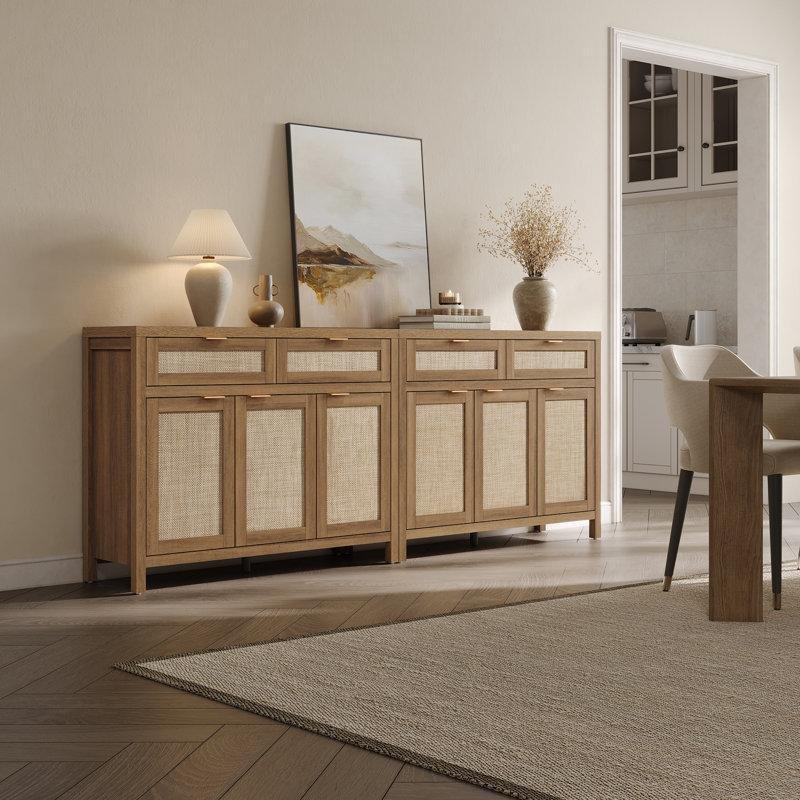 Doğal Ahşap Rattan Detaylı 2 Çekmeceli 3 Kapaklı Rose Gold Kulplu Bohem Konsol - 111 cm - 128956
