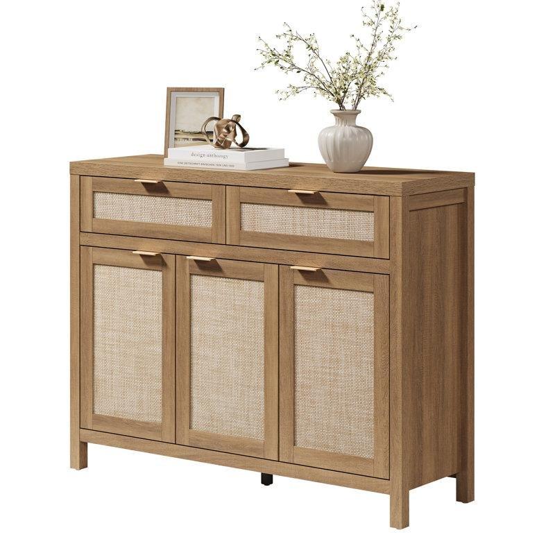 Doğal Ahşap Rattan Detaylı 2 Çekmeceli 3 Kapaklı Rose Gold Kulplu Bohem Konsol - 111 cm - 128956