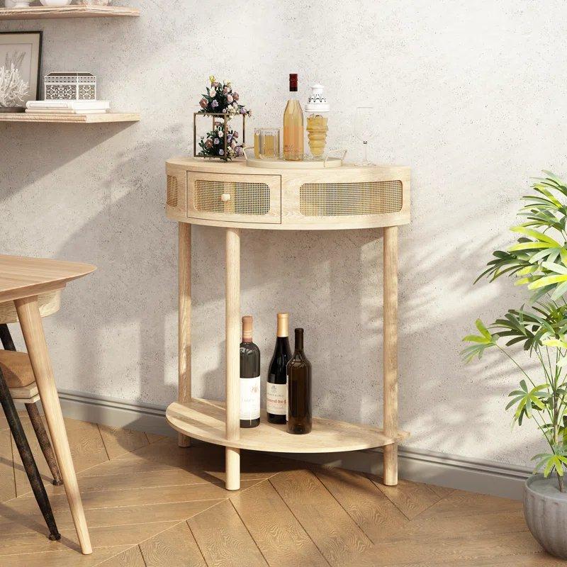 Doğal Ahşap Rattan Detaylı Çekmeceli ve Raflı Yarım Ay Bohem Dresuar - 79x36x81 cm - 131555