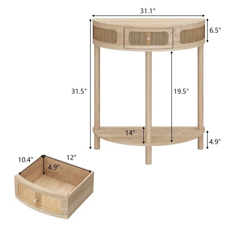 Doğal Ahşap Rattan Detaylı Çekmeceli ve Raflı Yarım Ay Bohem Dresuar - 79x36x81 cm - 131555