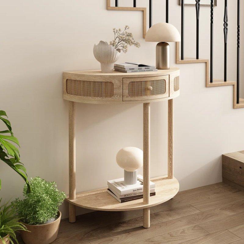 Doğal Ahşap Rattan Detaylı Çekmeceli ve Raflı Yarım Ay Bohem Dresuar - 79x36x81 cm - 131555