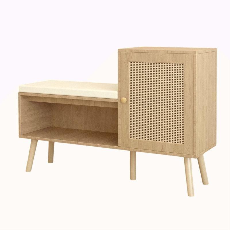 Doğal Ahşap Rattan Detaylı Minderli Ve Dolaplı Hasır Ayakkabılık - 101x31x71 cm - 120979