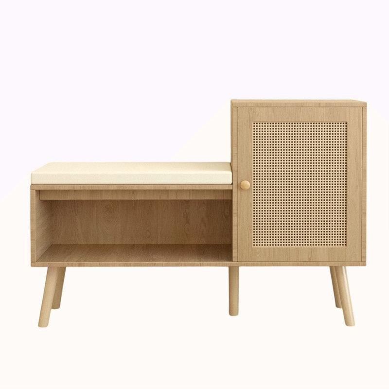 Doğal Ahşap Rattan Detaylı Minderli Ve Dolaplı Hasır Ayakkabılık - 101x31x71 cm - 120979