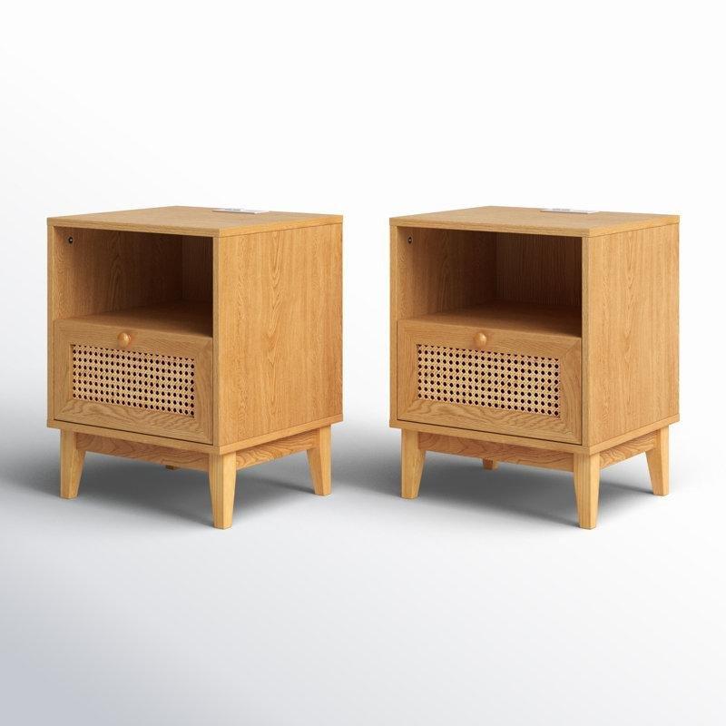 Doğal Ahşap Rattan Detaylı USB Şarj İstasyonlu İkili Komodin Seti - 45x40x57 cm - 127142