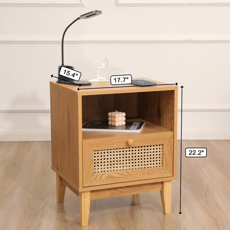 Doğal Ahşap Rattan Detaylı USB Şarj İstasyonlu İkili Komodin Seti - 45x40x57 cm - 127142