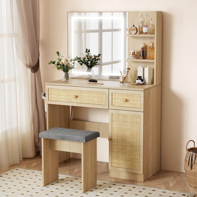 Doğal Ahşap Rattan ve Endüstriyel Ahşap LED Işıklı Şarj İstasyonlu Makyaj Masası - 90 cm - 121600