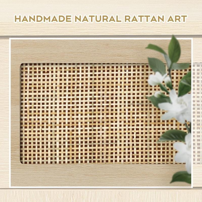 Doğal Ahşap Rattan ve Endüstriyel Ahşap LED Işıklı Şarj İstasyonlu Makyaj Masası - 90 cm - 121600