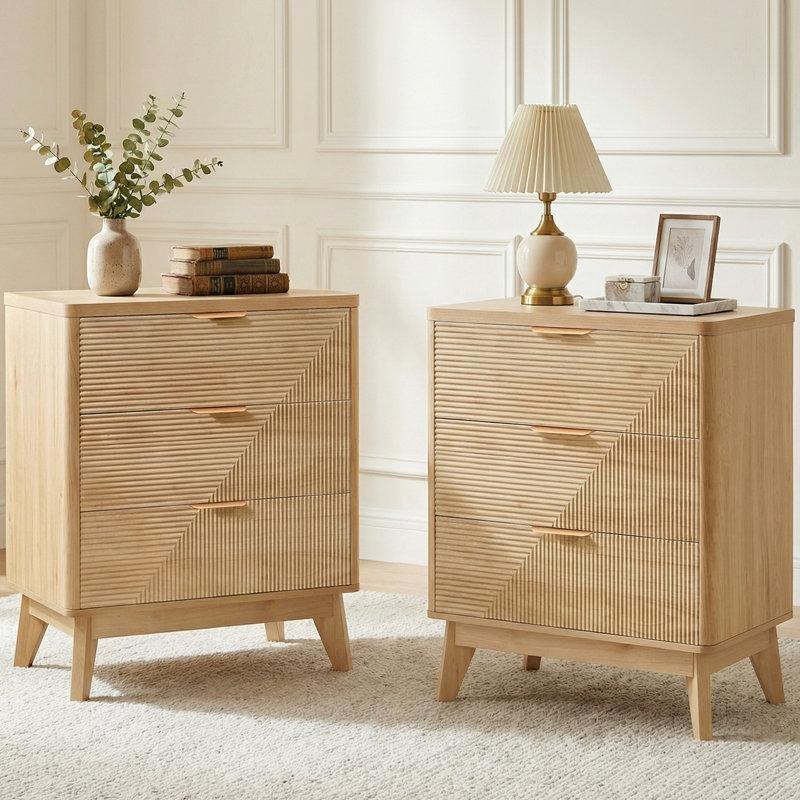 Doğal Ahşap Rengi 3 Çekmeceli Yivli Modern Tasarım Komodin - 60x40x72 cm - 127457