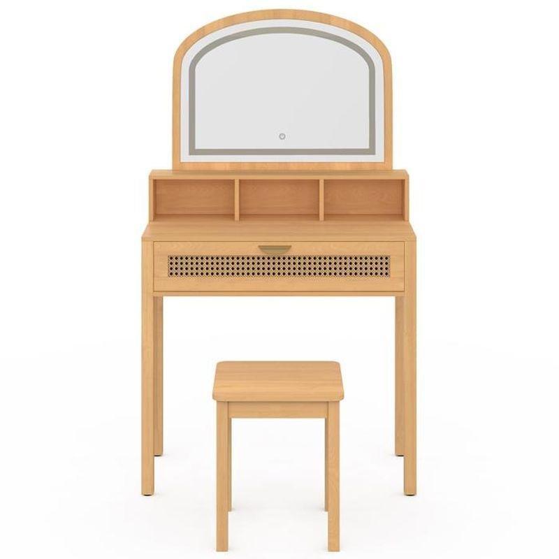 Doğal Ahşap Rengi Ahşap ve Rattan Görünümlü LED Işıklı Aynalı Çekmeceli Tabureli Makyaj Masası - 122221