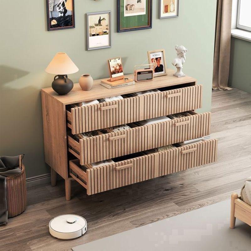Doğal Ahşap Rengi Çam ve MDF Rattan Detaylı 6 Çekmeceli Şifonyer - 100x34x73 cm - 123813