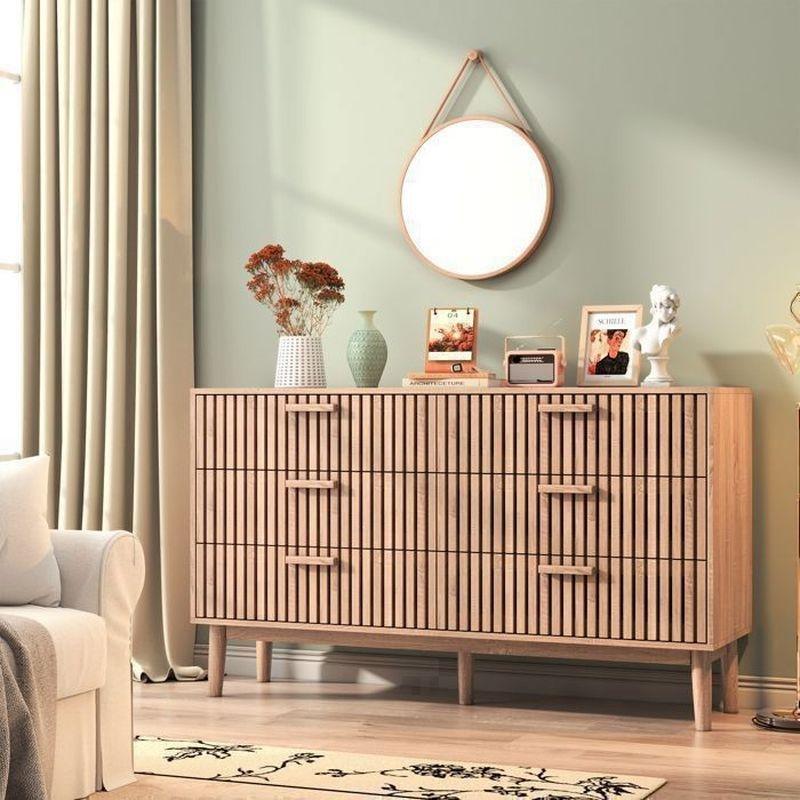 Doğal Ahşap Rengi Çam ve MDF Rattan Detaylı 6 Çekmeceli Şifonyer - 100x34x73 cm - 123813