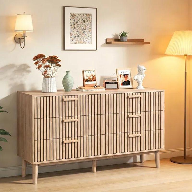 Doğal Ahşap Rengi Çam ve MDF Rattan Detaylı 6 Çekmeceli Şifonyer - 100x34x73 cm - 123813