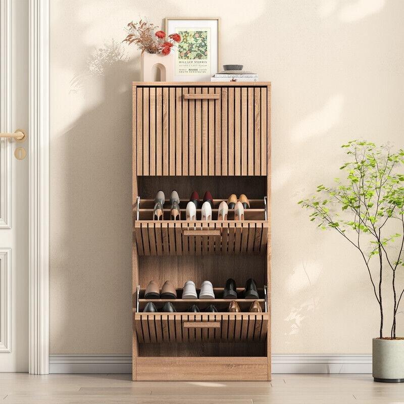 Doğal Ahşap Rengi Endüstriyel Ahşap 3 Düşer Kapaklı Ayakkabılık - 60x24x113 cm - 120123