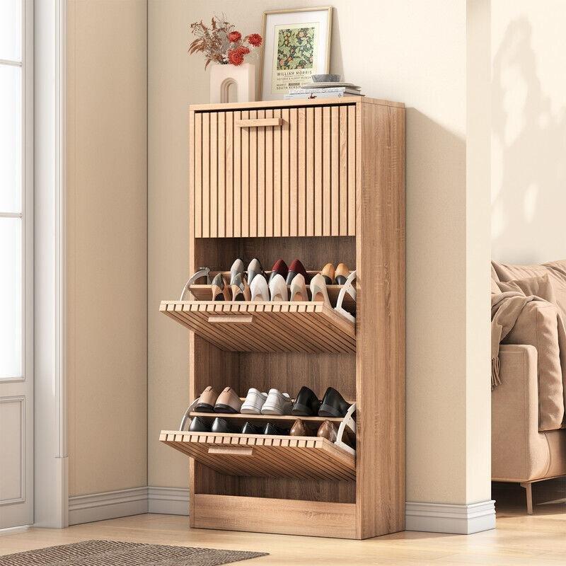 Doğal Ahşap Rengi Endüstriyel Ahşap 3 Düşer Kapaklı İskandinav Tasarım Ayakkabılık - 60x24x113 cm - 120024