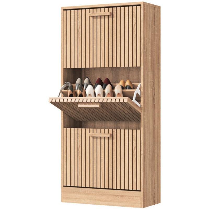 Doğal Ahşap Rengi Endüstriyel Ahşap 3 Düşer Kapaklı İskandinav Tasarım Ayakkabılık - 60x24x113 cm - 120024