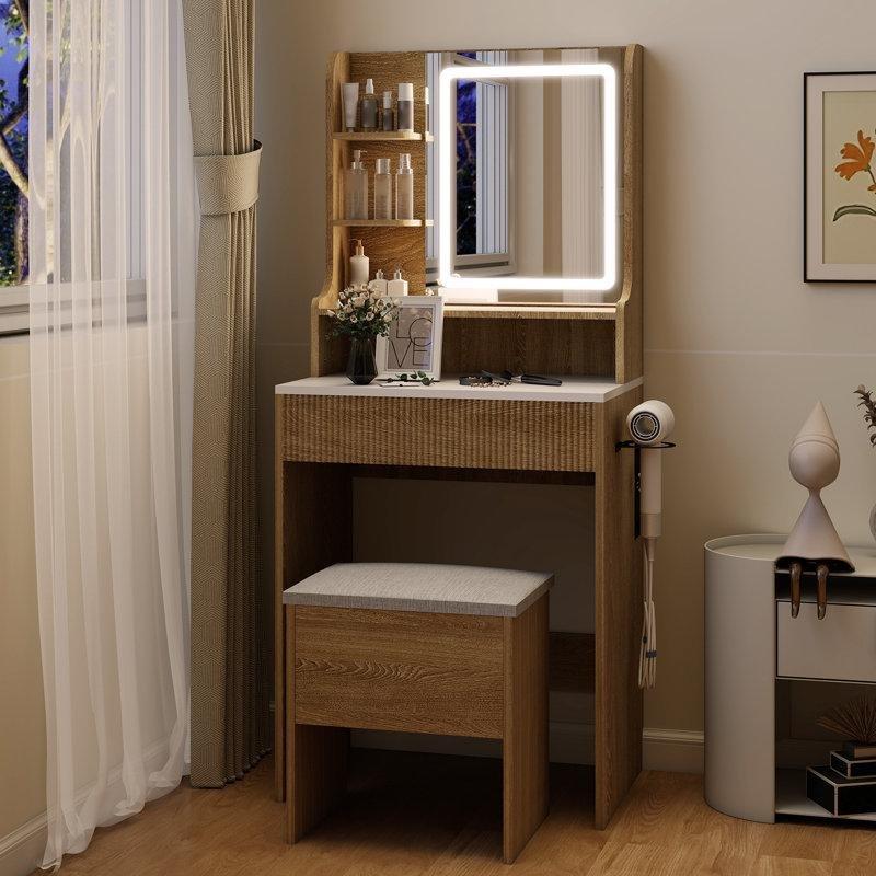 Doğal Ahşap Rengi Endüstriyel Ahşap LED Işıklı Aynalı Priz ve USB Girişli Saklama Alanlı Puflu Makyaj Masası - 60x40x139 cm - 121858