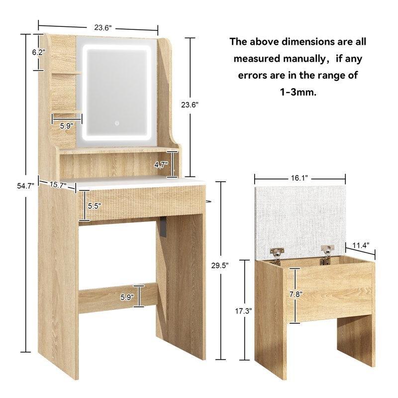 Doğal Ahşap Rengi Endüstriyel Ahşap LED Işıklı Aynalı Priz ve USB Girişli Saklama Alanlı Puflu Makyaj Masası - 60x40x139 cm - 121858