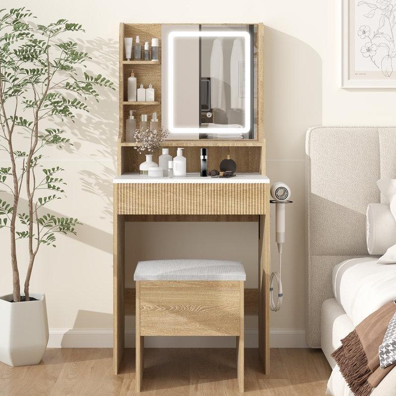 Doğal Ahşap Rengi Endüstriyel Ahşap LED Işıklı Aynalı Priz ve USB Girişli Saklama Alanlı Puflu Makyaj Masası - 60x40x139 cm - 121858