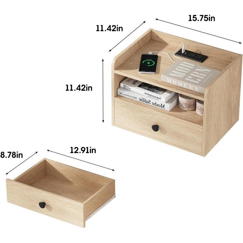 Doğal Ahşap Rengi Endüstriyel Ahşap Priz ve USB Girişli Duvara Monte Komodin Seti - 41x30 cm - 127343