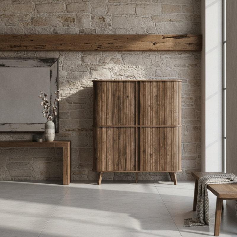 Doğal Ahşap Rengi Endüstriyel Ahşap Yivli Sürgülü Kapaklı Ayakkabılık Dolap - 107x124 cm - 120964