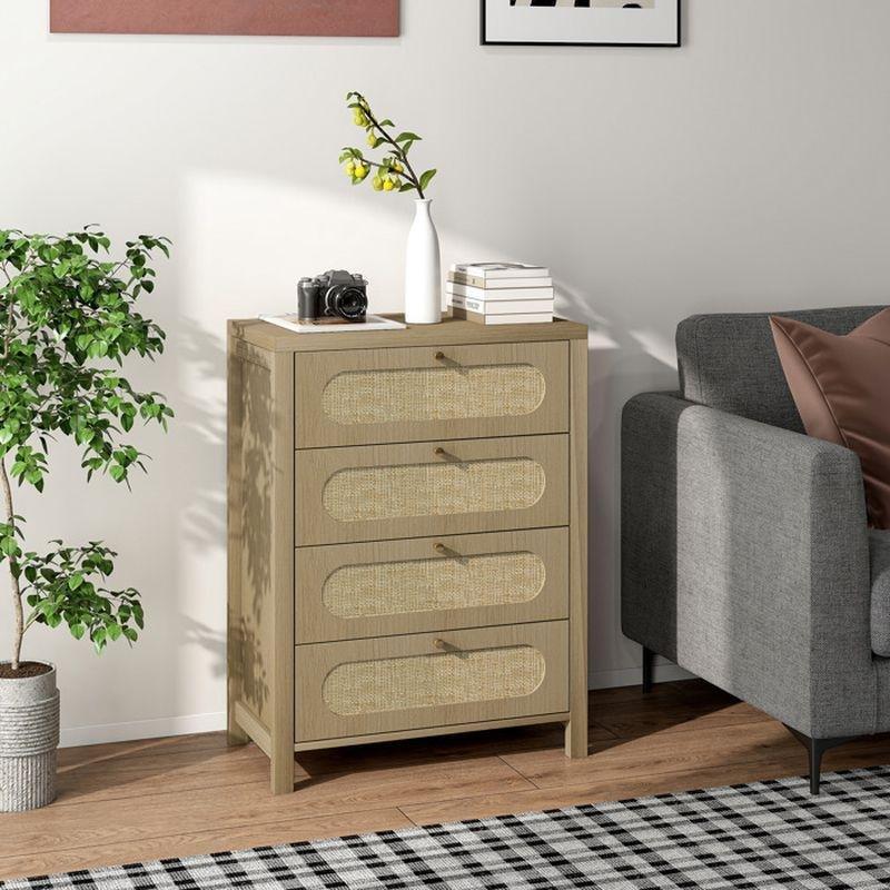 Doğal Ahşap Rengi Hasır Görünümlü Gold Kulplu Bohem Şifonyer - 70x38x93 cm - 123801