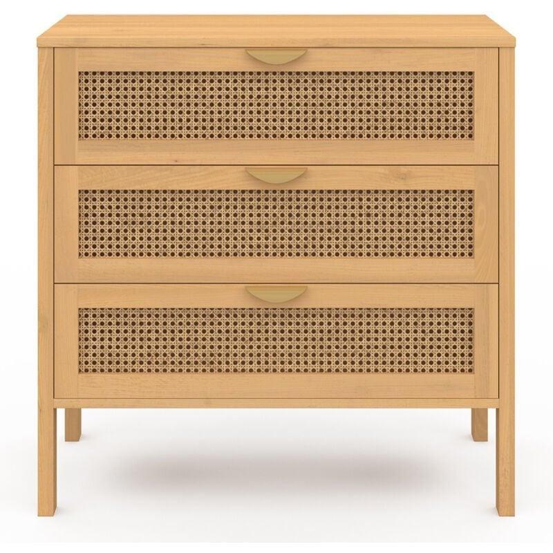 Doğal Ahşap Rengi Hasır Ön Yüzeyli 3 Çekmeceli Şifonyer - 80x40x80 cm - 123281