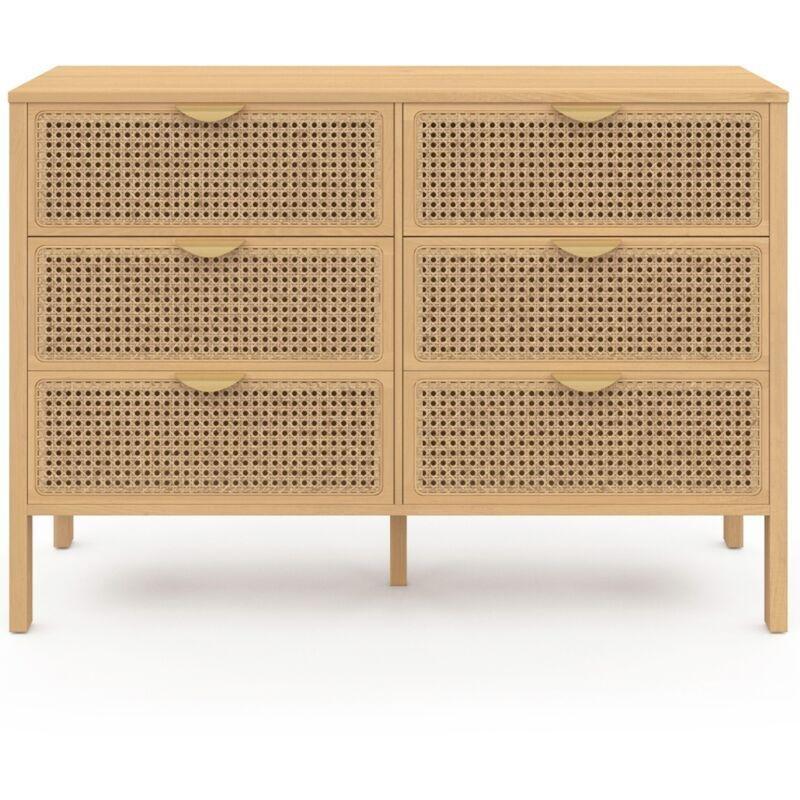 Doğal Ahşap Rengi Hasır ve MDF 6 Çekmeceli Şifonyer - 115x40x80 cm - 123329