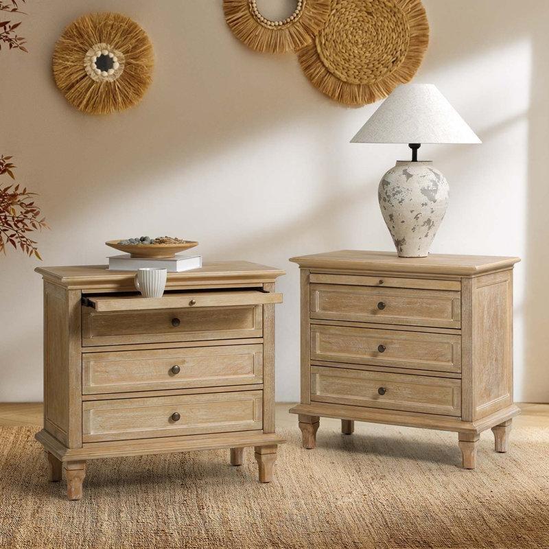 Doğal Ahşap Rengi Masif ve Huş Kaplama Şarj İstasyonlu Sürgülü Raflı Üç Çekmeceli Komodin İkili Set - 72x69 cm - 127202