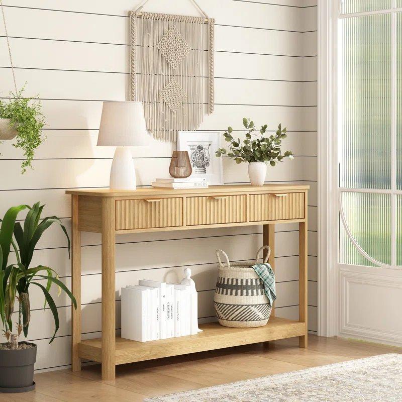 Doğal Ahşap Rengi MDF 3 Çekmeceli ve Raflı Yivli Tasarım Bohem Dresuar - 120x30x76 cm - 131658