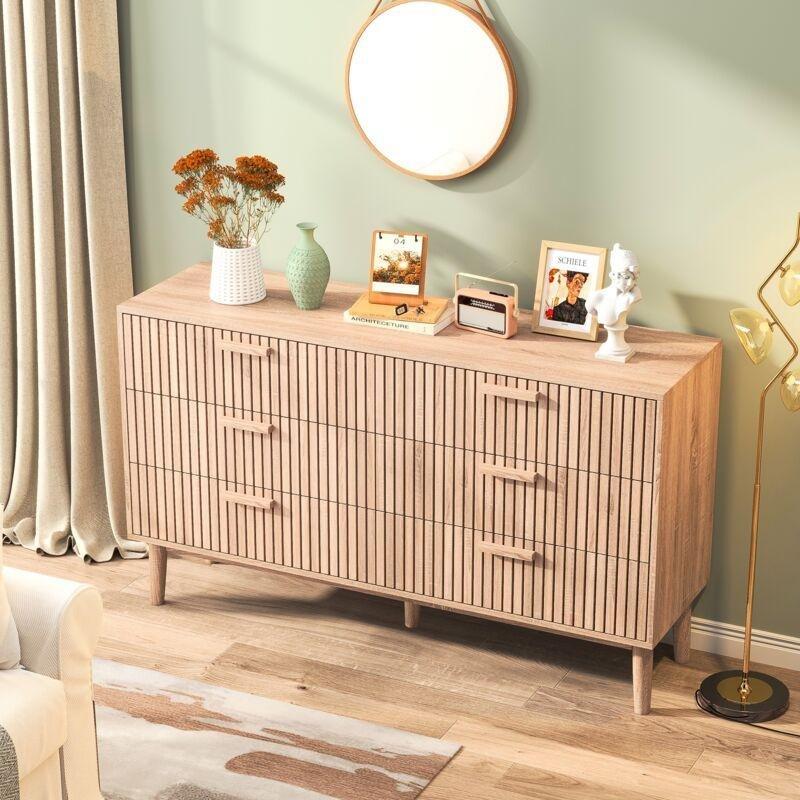 Doğal Ahşap Rengi MDF 6 Çekmeceli Çıtalı Tasarım Şifonyer - 100x34x73 cm - 123116