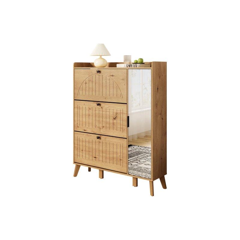 Doğal Ahşap Rengi MDF Aynalı ve Düşer Kapaklı Ayakkabılık - 110 x 24 x 138 cm - 118678