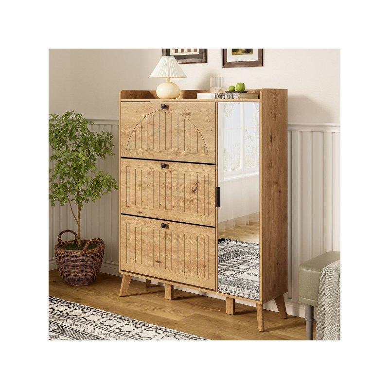 Doğal Ahşap Rengi MDF Aynalı ve Düşer Kapaklı Ayakkabılık - 110 x 24 x 138 cm - 118678