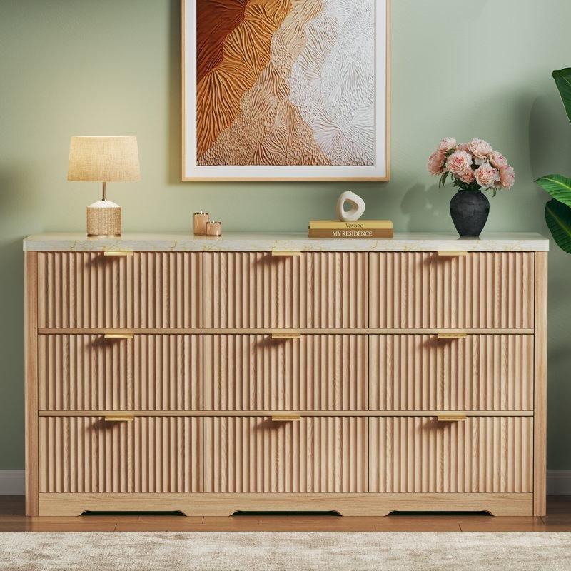 Doğal Ahşap Rengi MDF Mermer Desenli Üst Tablalı 9 Çekmeceli Yivli Şifonyer - 135 cm - 122800