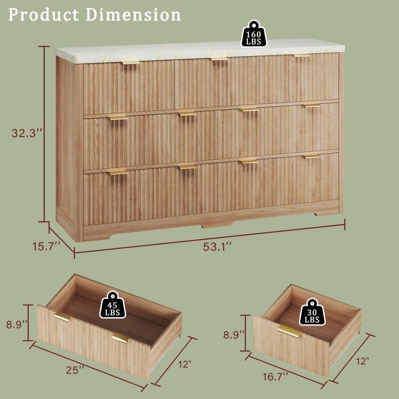 Doğal Ahşap Rengi MDF Mermer Desenli Üst Tablalı Yivli 7 Çekmeceli Gold Kulplu Şifonyer - 135x40x83 cm - 123043
