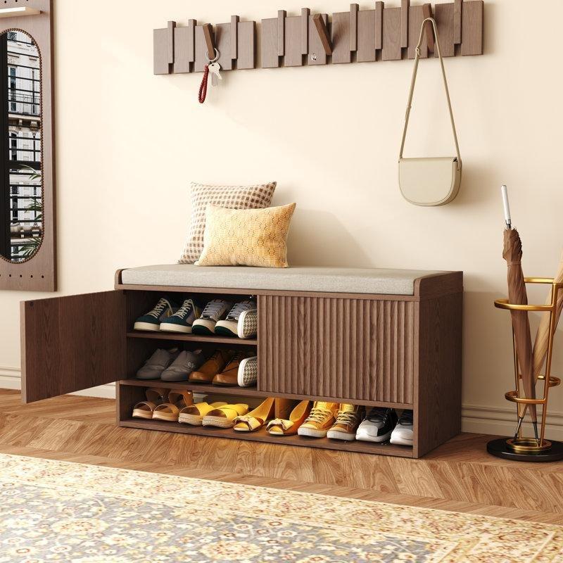 Doğal Ahşap Rengi MDF Minderli Hareket Sensörlü LED Işıklı Ayakkabılık Bench - 100 cm - 120628
