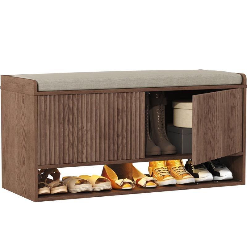 Doğal Ahşap Rengi MDF Minderli Hareket Sensörlü LED Işıklı Ayakkabılık Bench - 100 cm - 120628